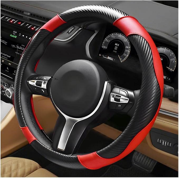 Car Steering Wheel Cover, 15 Inch Anti-Slip Stretch Leather Steering Wheel Protector, Comfortable Breathable Sporty Steering Wheel Cover for Women Men, Car Accessories (Black & Red)