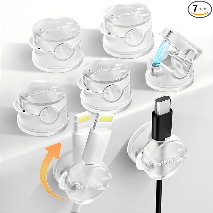 Magnetic Cord Holder for Desk & Nightstand, 7-Pack 360° Rotatable Cable Clips Organizer - Strong Adhesive Fits 8mm Lots for Phone Charger Cords & Wires, Clear