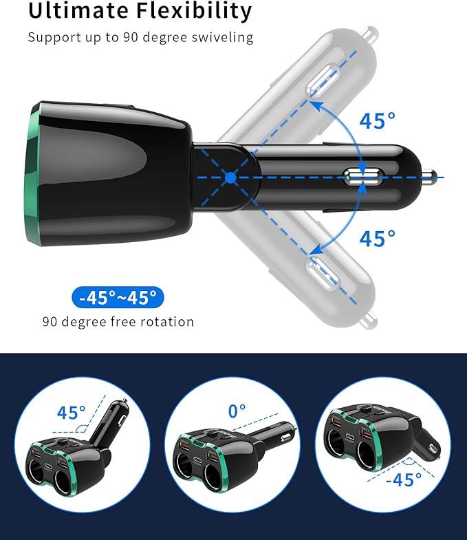 [2025 Upgraded] Cigarette Lighter Splitter, SUPERONE 180W 2-Socket Cigarette Lighter Adapter with Dual QC3.0 and 20W PD USB C Car Charger Splitter for GPS/Dash Cam/Laptop/iPad/iPhone 17/16/15/14/13/12