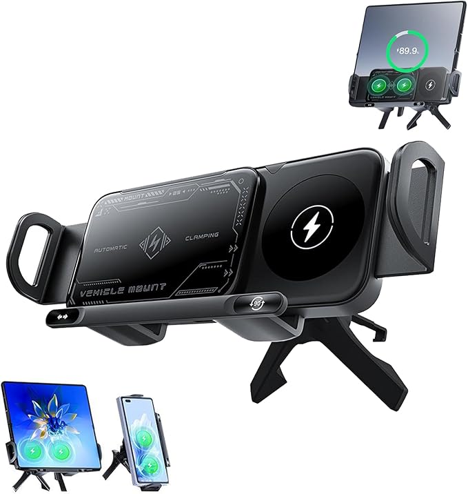 Wireless Charging Rotating Car Mount,Smart 2-in-1 Auto-Rotating Car Phone Holder & Wireless Charger,Foldable with 15W Fast Charging,Compatible with iPhone & Samsung Devices & Smartphone & Pad (Black)