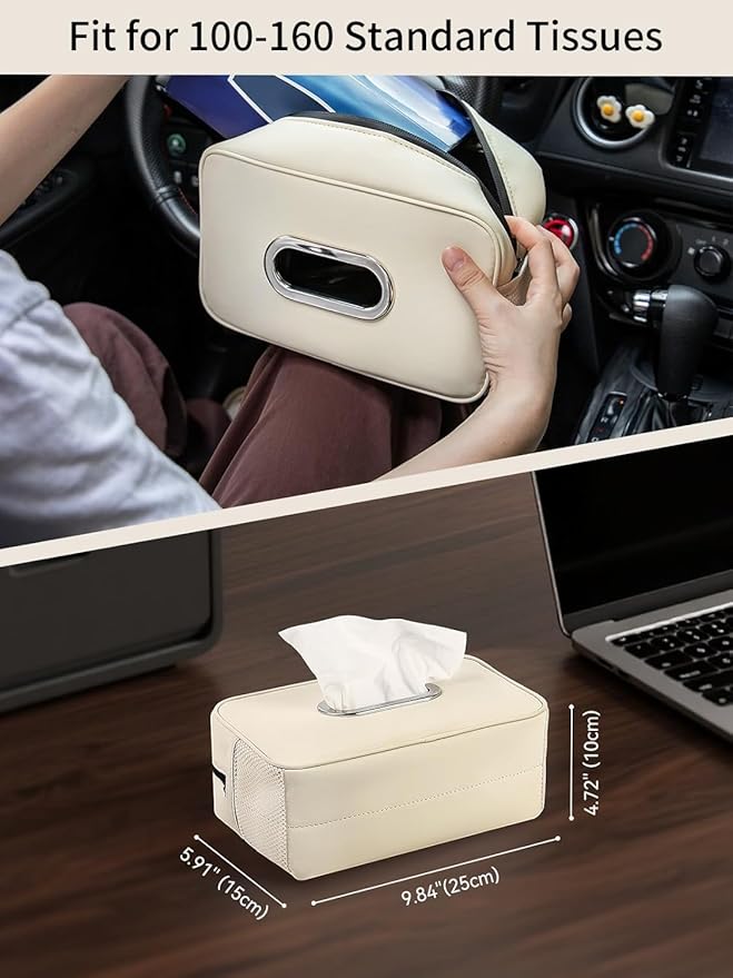 Multi-Functional Car Tissue Holder with ‌2 Storage Nets, Upgraded PU Leather Tissue Box Cover, Large Rectangle Napkin Organizer, Fit for 100-160 Regular Size Tissues, Keep Car Tidy, Beige