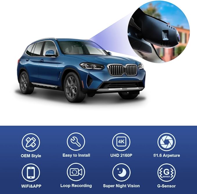 Fitcamx 4K Dash Cam Suitable for BMW X3 X3 M 2018-2024 M40i Sdrive Xdrive30i 30eG01 (HD2-6153), OEM Style, UHD 2160P Video, Built-in WiFi & APP, Loop Recording, G-Sensor, Plug&Play, 64GB Card