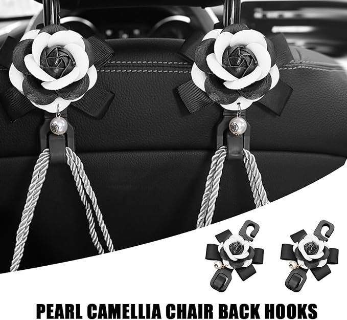 Car Seat Headrest Hook, 2PCS Cute Flower Vehicle Backseat Organizer Hanger for Purse Grocery Bag Coat, Auto Interior Hanging Decor Accessories, Universal for SUV Sedan Truck (Black/White)