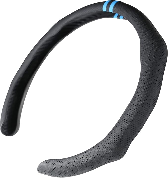 Quick Install Sporty Perforated Nappa Leather Steering Wheel Cover with Blue Top Stripes Universal fit 14 ½ to 15 inches Car SUV Pickup Steering Wheel