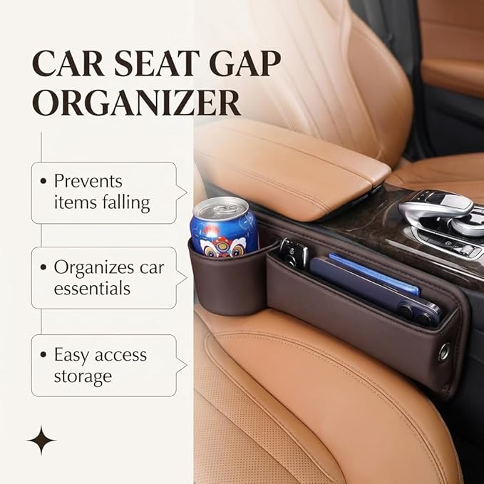 2-Pack Car Seat Gap Filler Organizer with Cup Holder - Premium Leather - Universal Fit - Keeps Cans/Phone/Keys/Wallets Organized