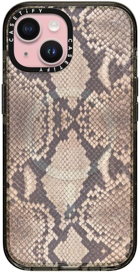 CASETiFY Impact iPhone 15 Case [Slim/Compatible with Magsafe / 8.2 ft. 4X Military Grade Drop Protection] - Brown Snake - Clear Black