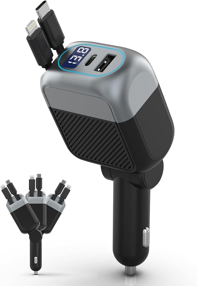 87W Retractable Car Charger, 4-in-1 Fast USB C Charging Car Adapter with 45W Type C Cable for iPhone 17/16 Pro Max & Samsung, 12W Lightning Cable for iPhone 14, Travel Essentials Car Accessories