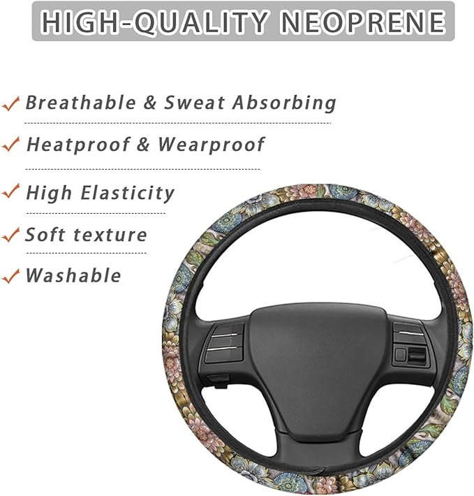 AFPANQZ Boho Floral Bright Blossoms Car Steering Wheel Covers for Womens Anti-Slip Comfortable Stretch-on Steering Wheel Protector Cover Sweat Absorption Cover Car Accessories