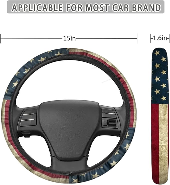 AFPANQZ America Flag Deisgn Car Steering Wheel Covers Non-Slip Universal 14 to 15 inch Fit Almost Cars Steering Wheel Cover Elastic Protection Sweat Absorption Automotive Decor