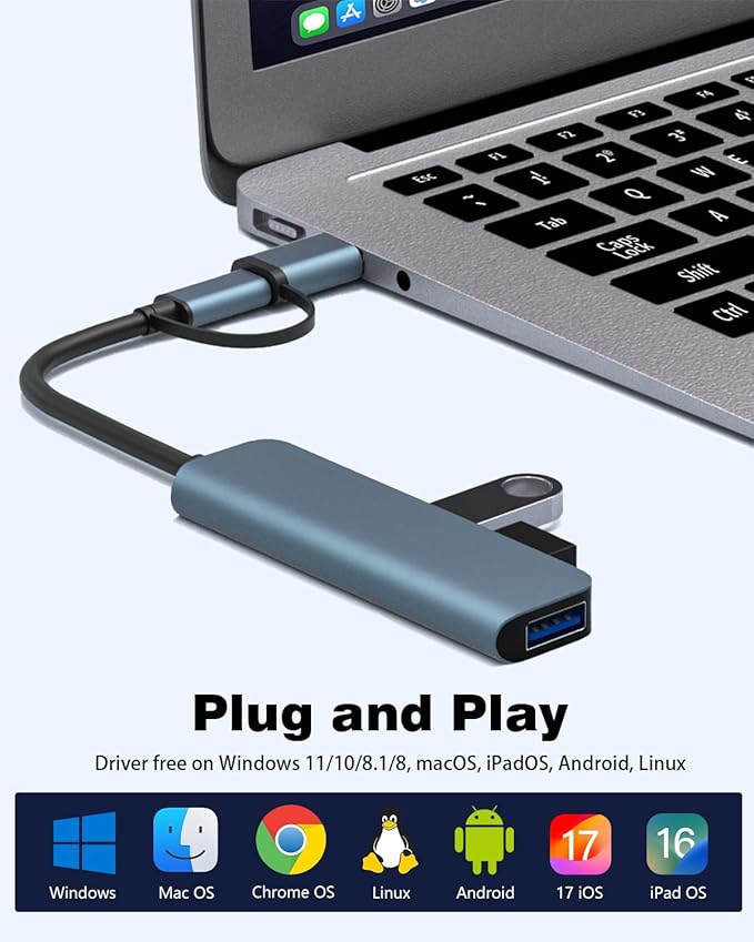 4-Port USB Hub with Type-C, USB 3.0 Data Hub Ultra-Slim Aluminum USB C Hub, 5Gbps Transfer Speed Multiple Ports Splitter for iPhone 17 16, Samsung, MacBook,PC,Laptop,iPad, Flash Drive,HDD