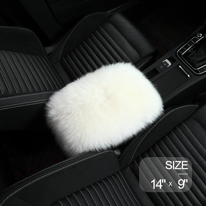 LLB Auto Center Console Cover Pad Universal Fit for SUV/Truck/Car, Genuine Sheepskin Wool Fur Car Armrest Seat Box Cover, Furry Fluffy Auto Armrest Cover Protector (White)