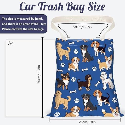 Various Dogs Print Car Trash Bag Hanging Garbage Bag with Snap Buttons Car-Back Seat Trash Storage Portable Dustbin for Car Interior Accessories Travel Camping