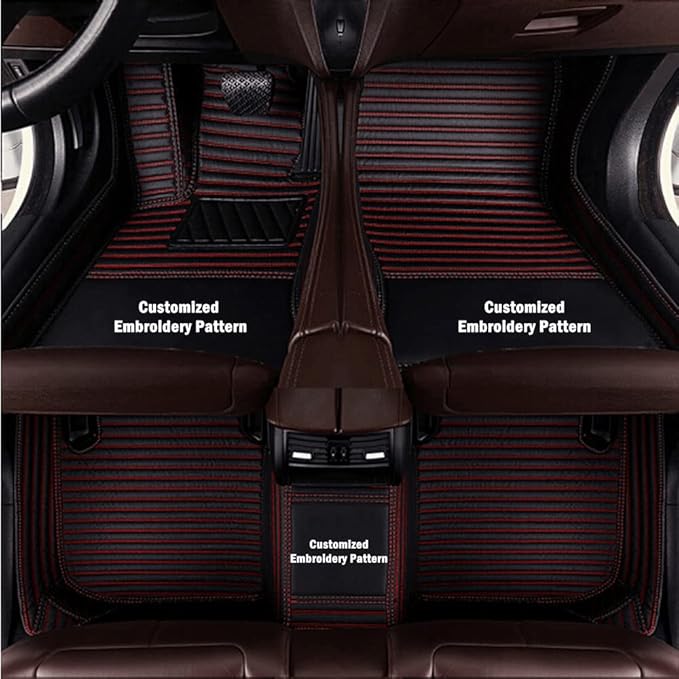 Custom Personalized Floor Mats for Cars - Luxury Full Coverage All Weather Mats, Anti-Slip Leather Mat Set, Fit for 99% of Cars, SUVs & Trucks (Black Red, B-Strip Shape)