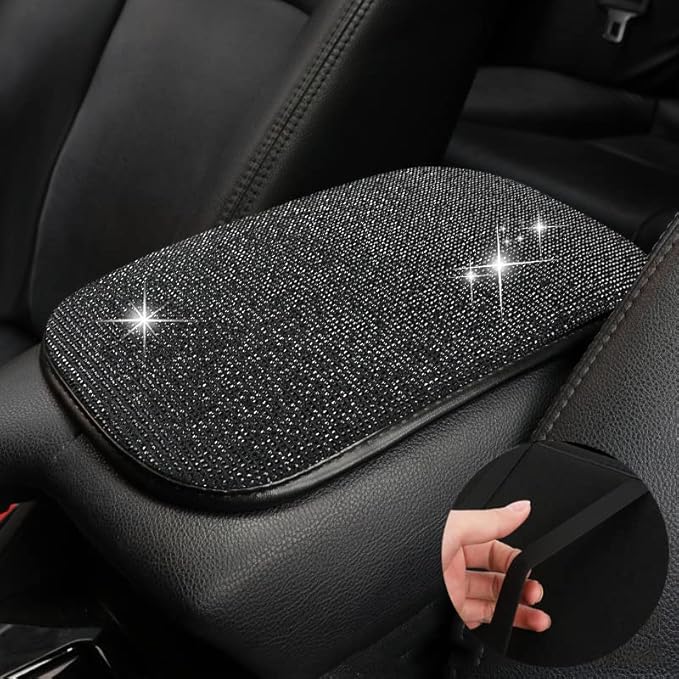 BetterJonny Auto Bling Car Armrest Cover, Crystal Rhinestone Auto Center Console Cover Pad Non-Slip Car Arm Rest Cushion Pad Universal Bling Car Accessories for Most Car (Black)