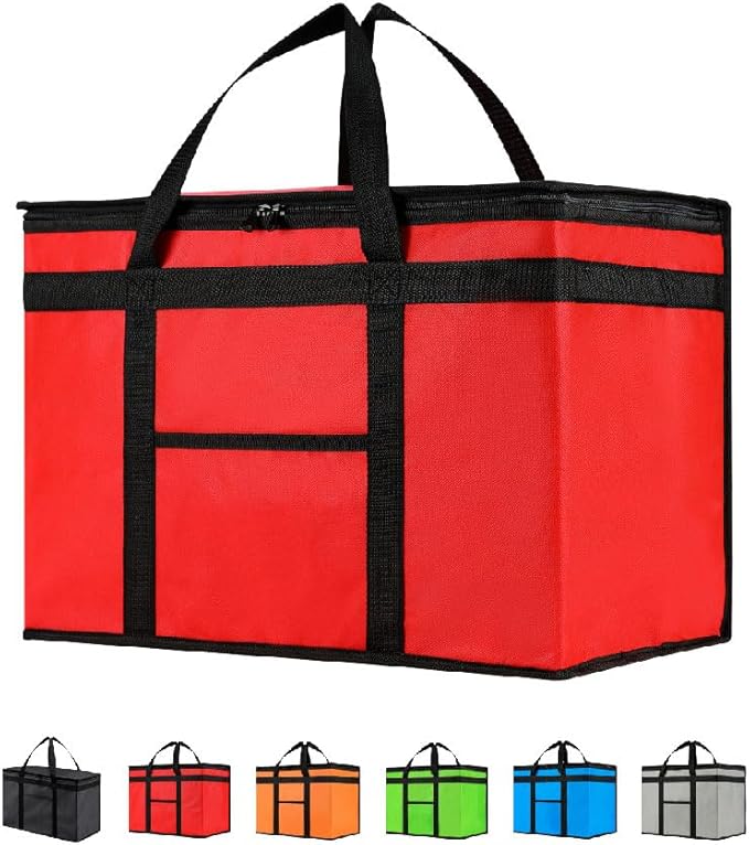 NZ home Insulated Bags for Food Delivery (2XL) Grocery Shopping Cooler Bag, Pizza Delivery, Hot & Cold Catering Tote, Reusable, Foldable & Heavy Duty (Red)