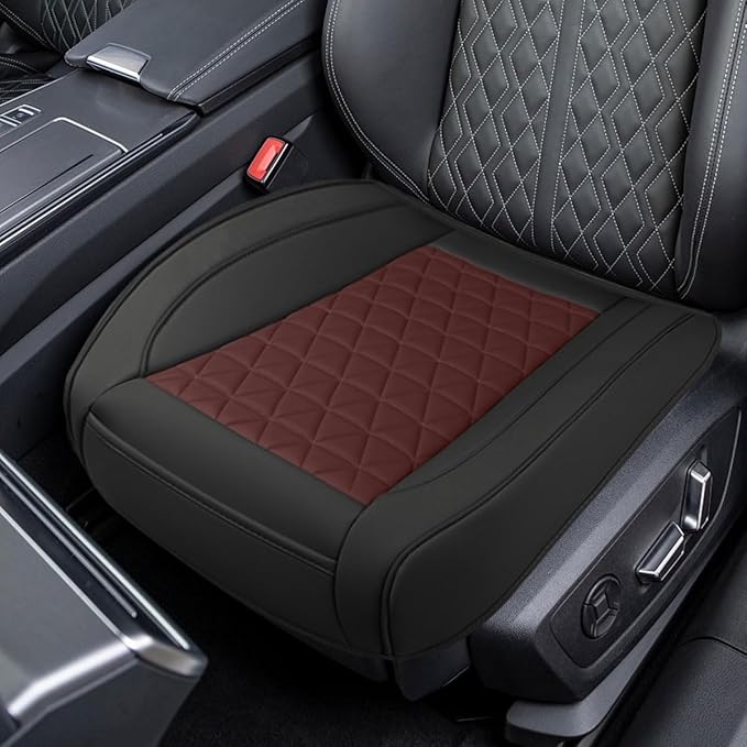 Luxury Faux Leather Car Seat Cover, Anti-Slip Waterproof Universal Front Bottom Seat Protector with Storage Pocket, Triangular Pattern Vehicle Seats Cushion for Sedans, SUVs, Trucks (Black&Red)
