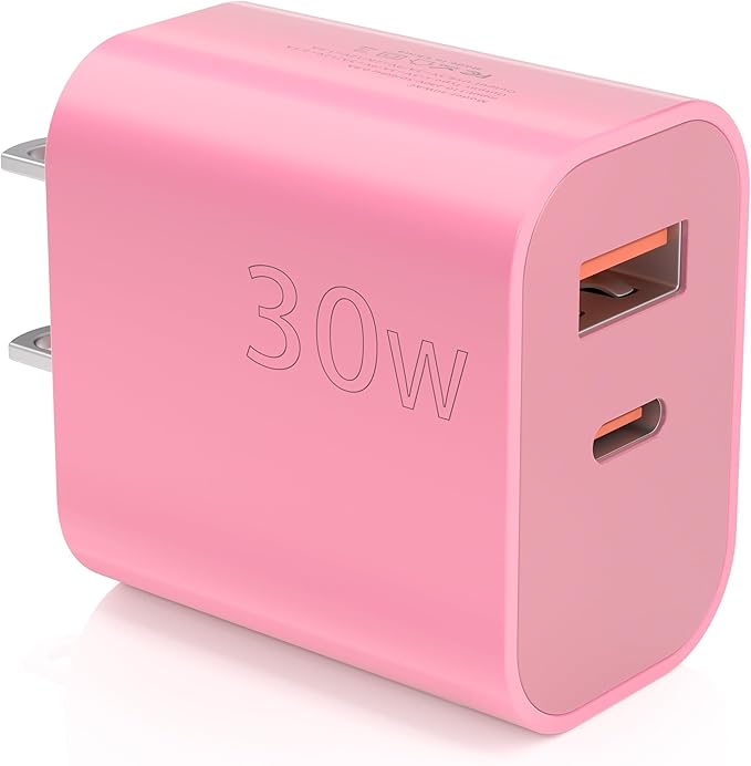 Aolcev for iPhone Charger Fast Charging 2 in 1 USB A USB C Charger Block 30W Cute Type C Fast Charging Blocks for iPhone 17 16 15 14 13 for iPad USB C Charging Adapter for Galaxy S26 S25 Light Pink