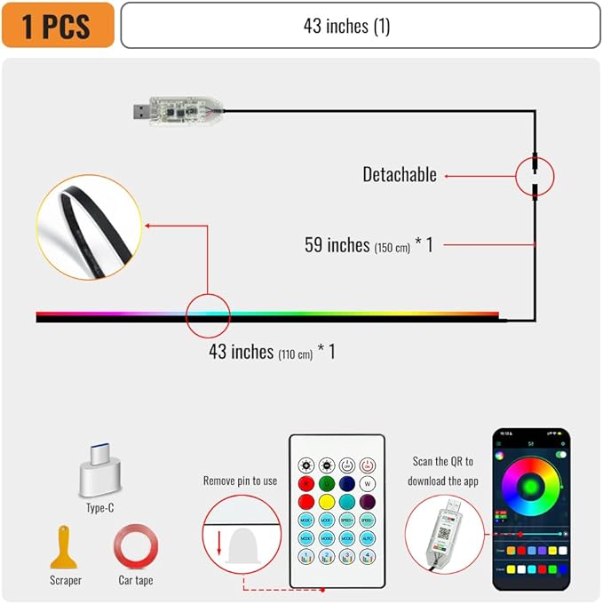 Ambient Lighting Car Led Lights Interior,43.3’’ USB Powered Acrylic Neon Flexible Strip Fiber Optic LED Ambient Lighting Kits with Remote APP, RGB Music Lights Sync for Inside car Dashboard