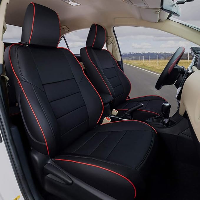EKR Rav4 Seat Covers Custom Fit for Toyota Rav4 XLE,Platinum,Limited 2013-2018 & SE 2016-2018, Leather Car Seat Cover Full Set for SUV,Faux Leather(Black with Red Trim)