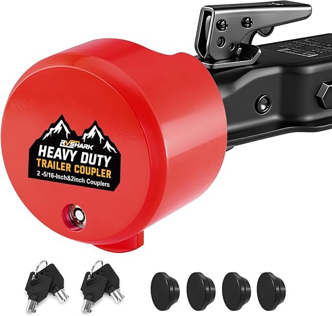 Trailer Hitch Locks, Heavy Duty Trailer Coupler Lock Fits 2-5/16"&2" Couplers, Anti-Theft Structural Steel Tongue Lock Essentials Accessories for RV, Trailer, Boat, Cargo, Camper, Utility–RED