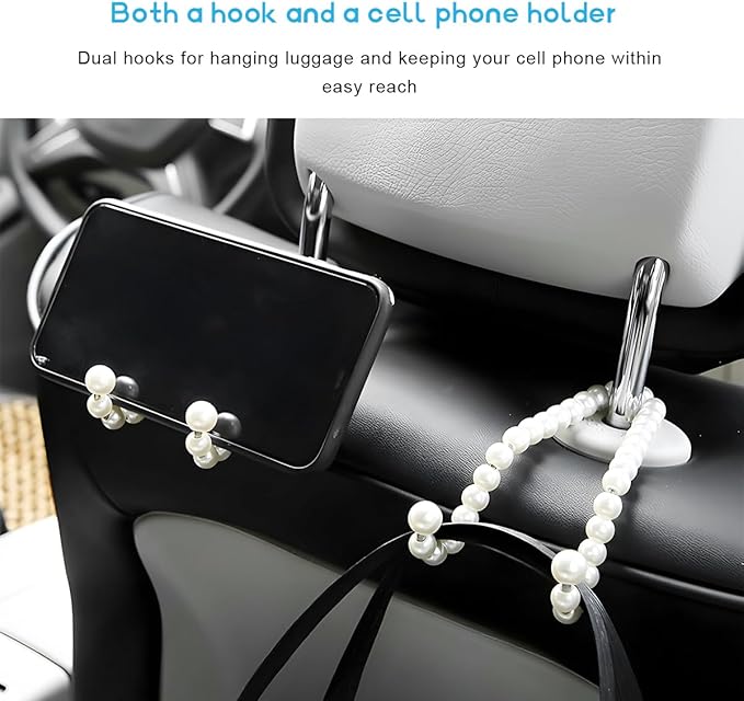 2PCS Car Seat Headrest Hook, Elegant Pearl Auto Back Seat Hanger Cute Purse Storage Organizer, High Load-Bearing Headrest Hook Exquisite Chic Holder for Handbags Coats Keys