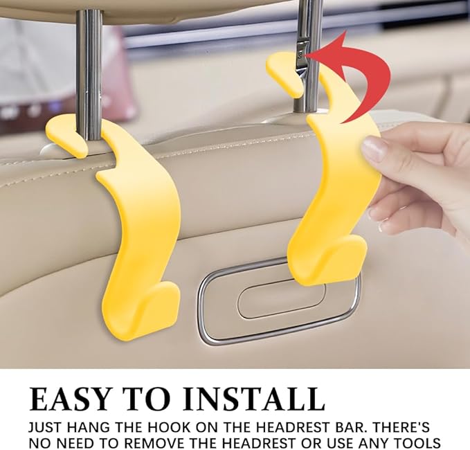 4PCS Car Seat Headrest Hooks, Purse Hook for Car, Auto Back Seat Organizer Storage Hanger Holder, Auto Accessories Multi-Use Portable Headrest Organizer Holder for Purse Handbag Coats (Yellow)