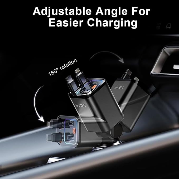 4 in 1 Retractable Car Charger,69W USB-C Fast Car Charger, for iPhone 17/16/15/14/13/12/11, Android,Pixel,Cigarette Lighter Charger (for Apple+Type C &RGB [Black])