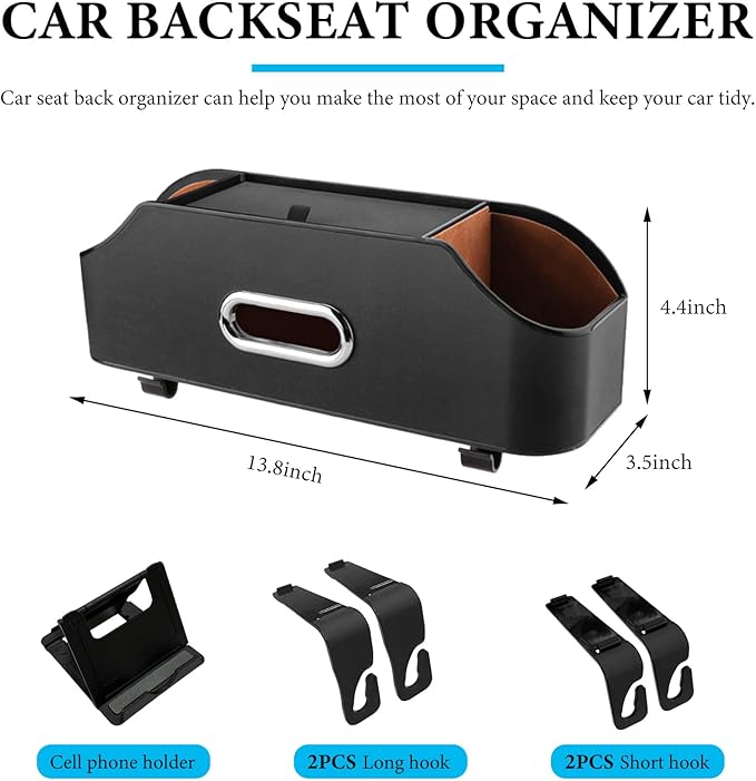 Car Seat Back Organizer with 2 Drink Cup Holder, Headrest Rear Seat Storage Organizer with Tissue Box and Hook, Multi-Functional Backseat Hanging Storage Box for Kids Travel (Black)