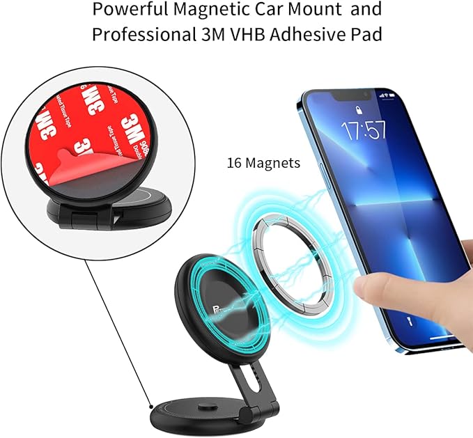 Magnetic Car Phone Holder Mount for Tesla Model 3/Y/Mustang Mach-E Compatible with MagSafe, Car Phone Mount Foldable Invisible Cradle Stand Adhesive 360° for iPhone 16/15/14/13/12 (Black)