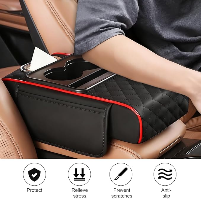 Car Armrest Cushion, 5-in-1 Nappa Leather Vehicle Centre Console Cover with 2 Storage Pockets, Cup Phone & Phone Holder, Multifunctional Auto Organiser Accessories, Universal Fit (Black/Red)