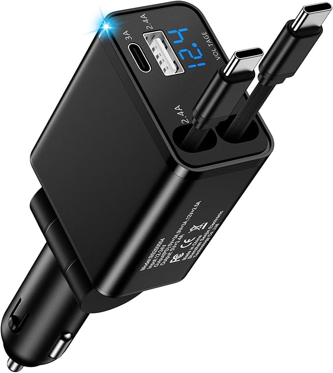 Retractable Car Phone Charger for Samsung S26 S25 Android, 4 in 1 Fast USB C Car Charging Adapter with 2 Flexible USB C Cable, USBC Cigarette Lighter Gift for Men Car Gadgets Electronics Accessories