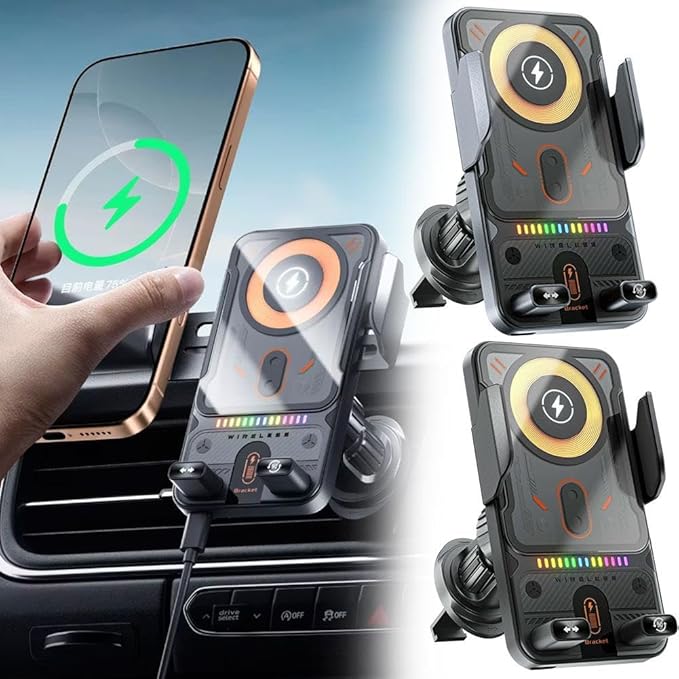 2026 New Cool Car Wireless Fast Charging Holder,15W Auto-Clamping Wireless Car Charger Mount with 90° Rotating, Universal Air Vent Phone Holder for All Smartphones