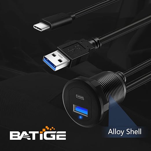 BATIGE Type C 3.0 USB 3.0 Alloy Shell Car Mount Flush USB Port Cable Male to Female, Car Truck Boat Motorcycle Dashboard Panel Extension Cable LED Indicator - 3ft