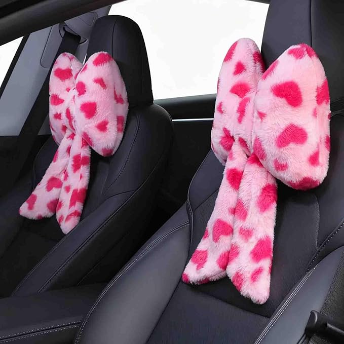 Macarrie 2 Pcs Car Neck Pillow Plush Butterfly Bow Car Headrest Pillow Comfortable Seat Neck Support Cute Head Rest Accessories for Driving Travel Driver Chair Girl Style Interior Decor(Pink Heart)