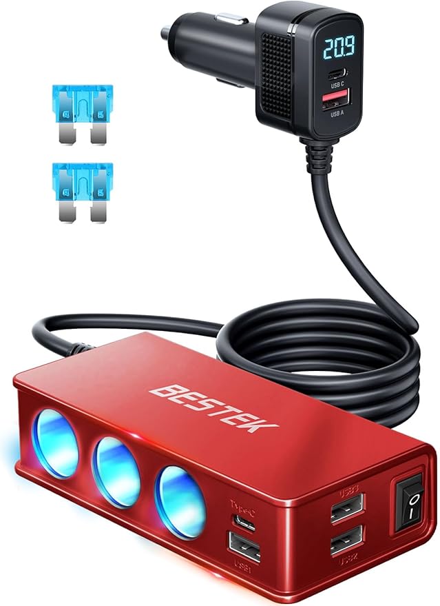 BESTEK 148W Cigarette Lighter Splitter 9 in 1 Cigarette Lighter Adapter with 3-Socket PD 30W and QC3.0 18W Charging Ports LED Display Super Fast Charger for Dash Cam, GPS, iPad/Laptop/Phone（Red）