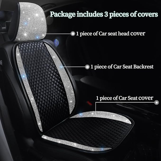 Luxury PU Leather Car Seat Cover Protector Bling Rhinestones Diamond Front Car Seat Protector Pad for Girls Women or Ladies Auto Sparkling Crystal Universal Interior Accessories White 1 Seat