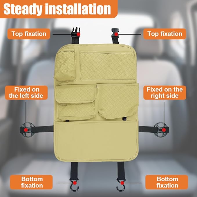 Car Backseat Organizer, Leather Auto Seat Back Kick Mats Protector, Multi-Pocket Car Rear Seat Hanging Storage Bag with Tissue Holder, Travel Accessories for Most Cars SUV Truck (Beige)