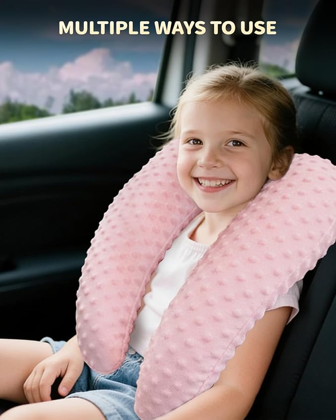 Memory Foam Kids Travel Pillow, Car Pillow for Kids, H-Shape Car Pillows for Sleeping, Removable Pillowcase, Adjustable, Velvet Dots, Pink