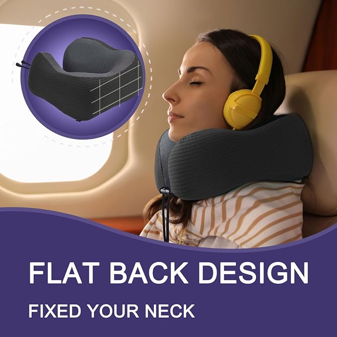 napfun Neck Pillow for Traveling, Upgraded Travel Neck Pillow for Airplane 100% Pure Memory Foam Travel Pillow for Flight Headrest Sleep, Portable Plane Accessories, Black Striped Kit