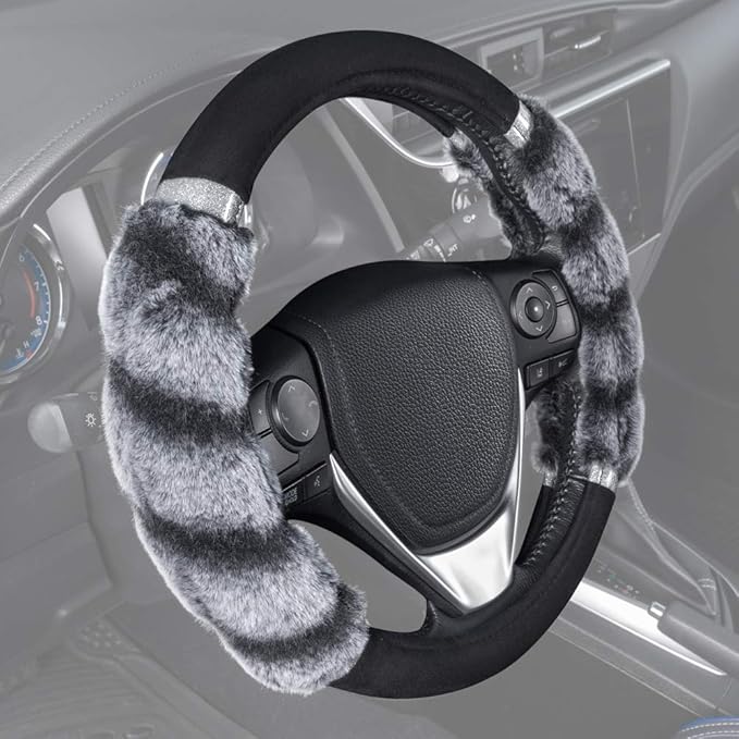 BDK Bear Fur Plush Steering Wheel Cover - Cute Faux Wool Protector for Women Girls Fits Wheels 14.5-15 inch Two Tone Black/Gray - with Glitter