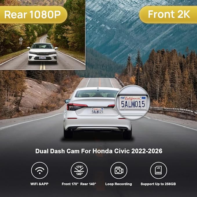 Fitcamx Front 2K+Rear 1080P Dash Cam Adapts for Honda Civic 2022-2026 (Grey Cover) Type R Si, Integrated OEM Look, Dual HD Video, Loop Recording, WiFi & APP, G-Sensor, Easy to Operate, 64GB Card