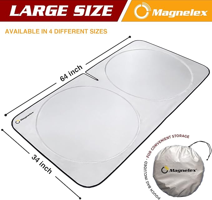 Magnelex Car Windshield Sunshade - Advanced Light-Blocking Protection, Foldable Sun Shade with Mirror Cut-Out Keeps Your Vehicle Cool, Fit for Cars, Trucks, and SUVs - Large (64 x 34 in)