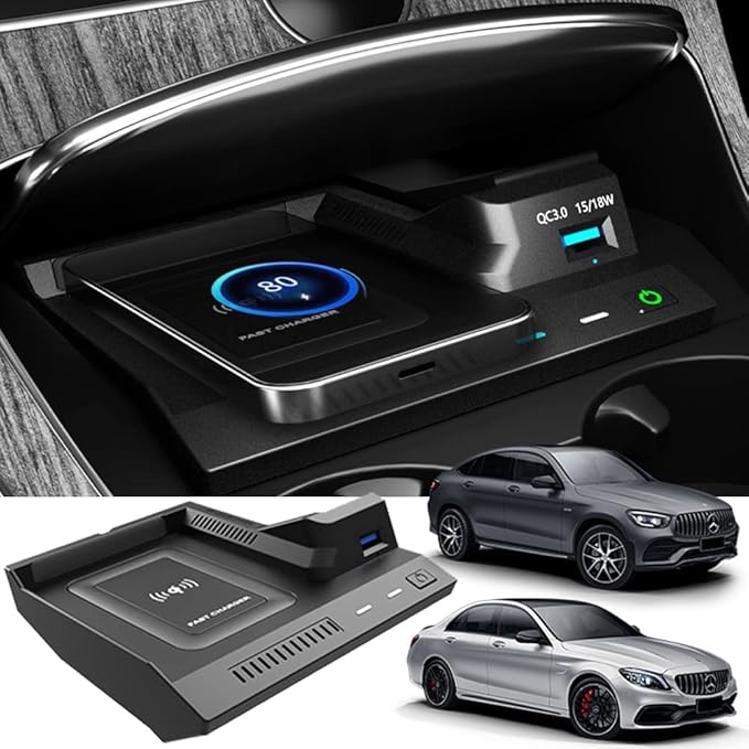 Wireless Car Charger for Mercedes Benz C-Class GLC AMG 2015-2022, 15W Fast Charging Phone Charger Pad for Mercedes-Benz C180/C200/C260/C300/C450 GLC200/GLC260/GLC300 AMG C43/C63/GLC43/GLC63