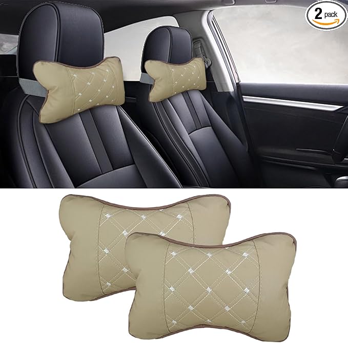 2PCS Car Neck Pillow, Breathable Car Head Neck Rest Cushion, Soft Pillow for Relieving Stiffness, Comfort Car Seat Neck Support Pillow (Beige)