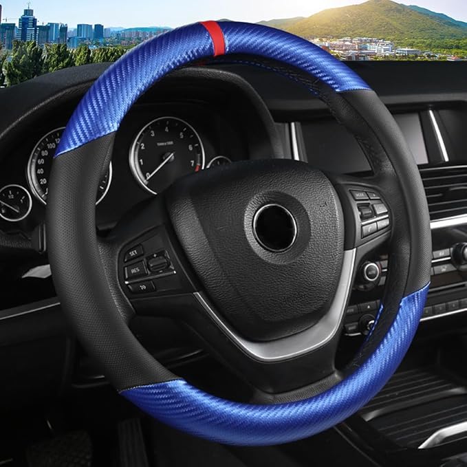 KAFEEK Carbon Fiber Steering Wheel Cover, Universal 15 Inch for Men Women, Breathable Microfiber Leather, Anti-Slip Inner Lining, Sporty Design, Cool in Summer Warm in Winter (Carbon Fiber Blue)