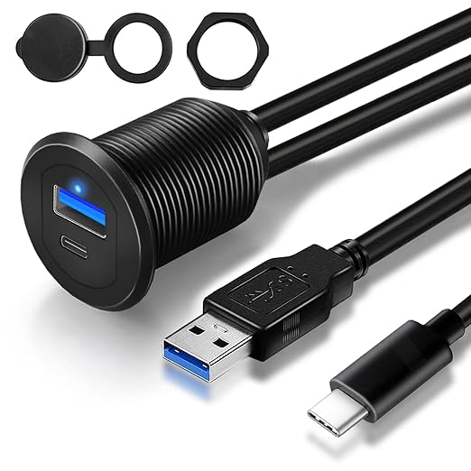 Type C 3.1 & USB 3.0 Car USB Port Mount Flush Cable Male to Female, Dashboard Panel Extension Cable for Car Boat Motorcycle with LED Indicator (3 feet)