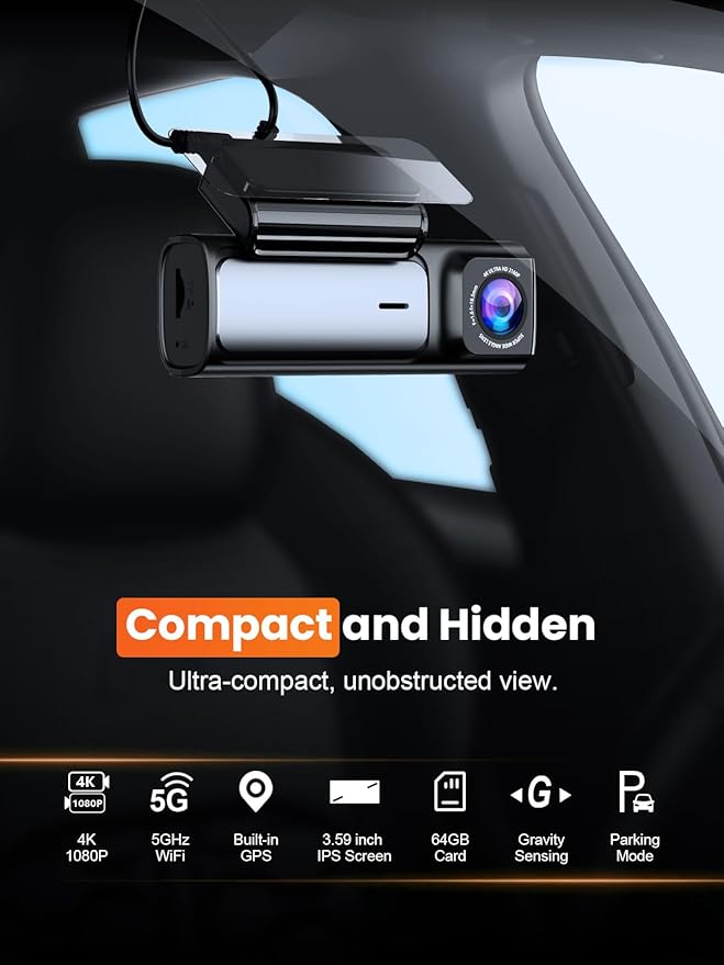 Affver 4K Dash Cam Front and Rear, Built-in 5G WiFi GPS, 64GB Card Included, 3.59'' IPS Screen Dash Camera for Cars, Dual Dashcam with G-Sensor, Loop Recording, WDR, Night Vision, 24H Parking Monitor
