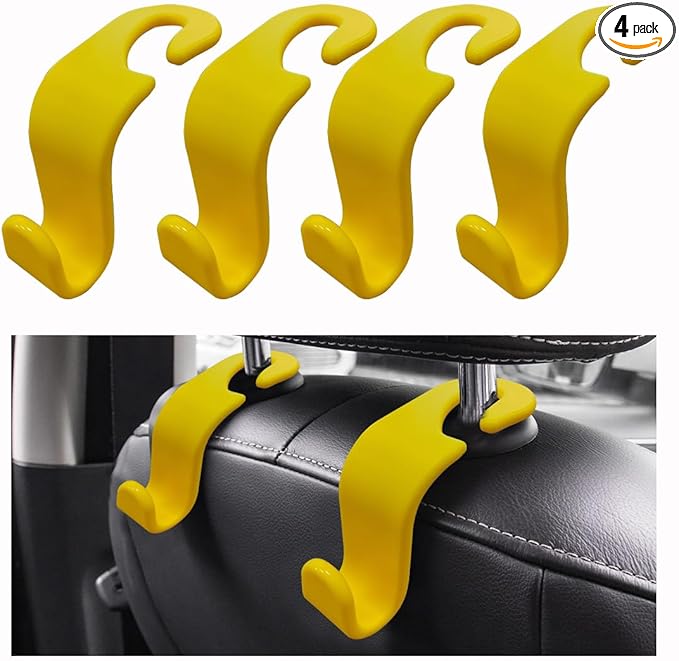 Ziciner Car Seat Headrest Hooks, 4 Pack Auto Durable Backseat Hangers Storage Organizer, Universal Vehicle Interior Holder Accessories for Purse, Grocery Bags, Handbag, Cloths ect (Yellow)