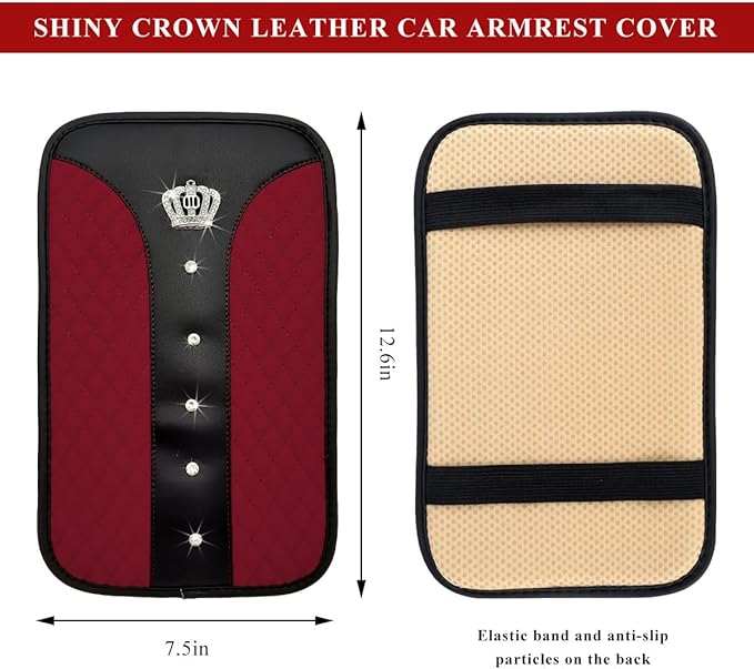 Bling Leather Car Center Console Cover, Anti-Slip Crown Armrest Seat Box Cushion Pad with Rhinestones, Waterproof Crystal Arm Rest Protector Interior Decor for Most Vehicles (Wine Red)