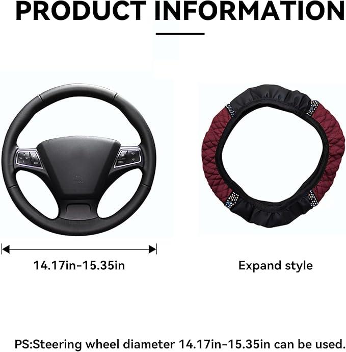 Bling Car Steering Wheel Cover, 15 Inch Rhinestones Soft Leather Elastic Steering Wheel Protector, Sparkly Crystal Diamond for Women Girls, Car Interior Accessories for Most Cars (Wine Red)